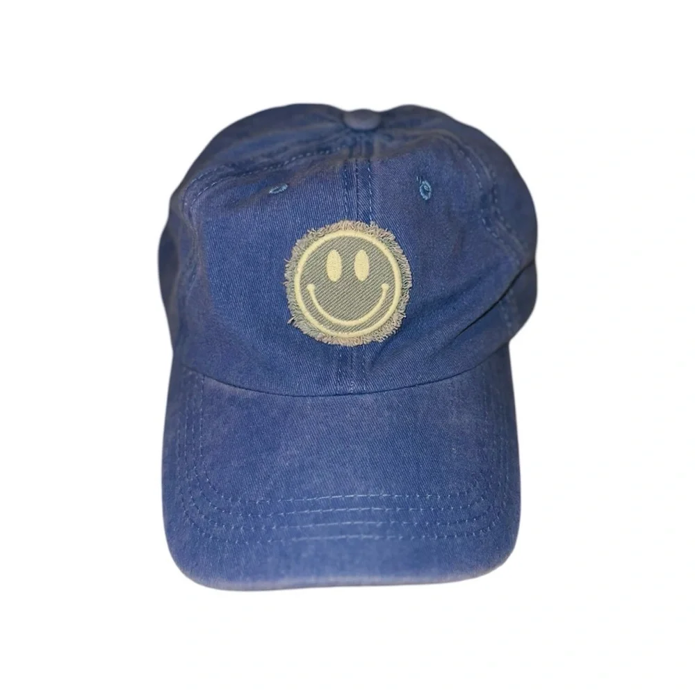 Blue Baseball Hat W/ Denim Smiley Face Patch